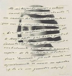 a woman's face is covered in torn paper with words written across the image