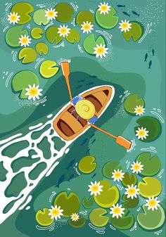 a person in a canoe floating on water with lily pads and white flowers around them