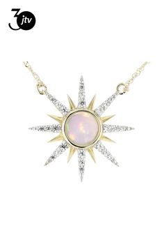 .55ct Round Cabochon Ethiopian Opal Solitaire & .38ctw Round White Zircon Sunburst, 10k Yellow Gold Necklace. Measures Approximately .75"W. Lobster Claw Clasp. Accent stones primarily zircon. Yellow Gold Necklace, 10k Gold, Ethiopian Opal, Opal, Gold Necklace, Multi Color, Yellow Gold, Stone, Yellow