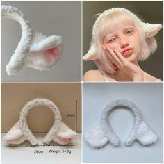 four different pictures with white hair and cat ears, one is wearing a knitted headband