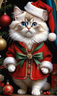 a painting of a white cat wearing a santa hat and red coat with ornaments around it