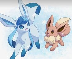 two pokemons are flying in the air with snow flakes on them and one has blue eyes