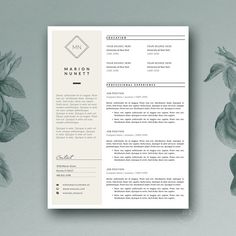 a clean and modern resume template on a gray background with flowers in the foreground