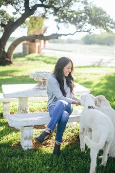 a woman is sitting on a bench with two sheep in the grass next to her