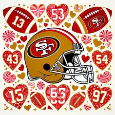 a san francisco football helmet surrounded by heart shaped hearts on white paper with red and gold accents