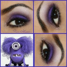 an eye with purple and silver makeup looks like it is from the movie despicade