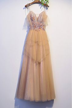 Shop beautiful long champagne tulle prom dress with strappy straps online. Sheprom offers formal, party, casual & more style dresses to fit your special occasions. Delicate Gown, Top Prom Dresses, Tulle Long Prom Dress, Schuyler Sisters, Party Gown, Tulle Prom Dress, Outfits And Accessories, Gold Sequins, Cheap Prom Dresses