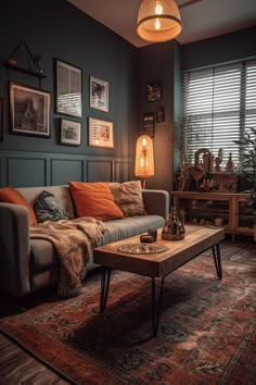 a living room filled with furniture and pictures hanging on the wall above a coffee table