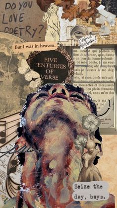 altered collage with various images and words on it's side, including an image of a man