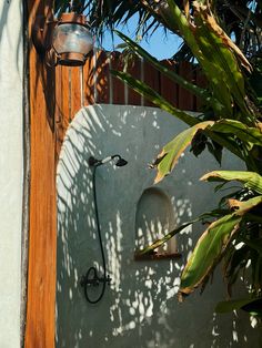 an outdoor shower in the shade of a palm tree next to a white stucco wall