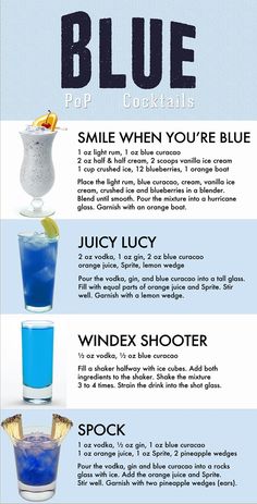 the blue cocktail recipe is shown in this image