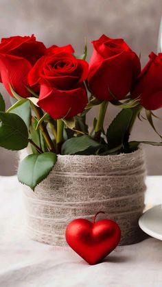 a vase filled with red roses on top of a table