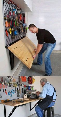 two pictures one showing a man working on a workbench and the other displaying tools