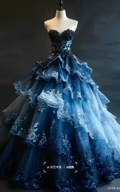 Blue Fairytale Dress, Big Blue Dress Ball Gowns, Dark Blue Fantasy Dress, Blue Ball Gown Fairytale, Ball Gowns Blue, Dramatic Ball Gowns, Fantasy Gowns Princesses Fairytale, Fantasy Ball Dress, Wedding Dress Design