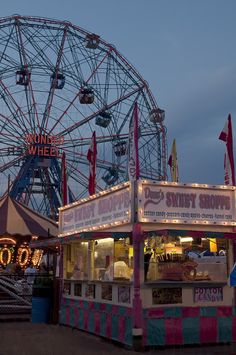 an amusement park with a ferris wheel and food stand at dusk, in the foreground