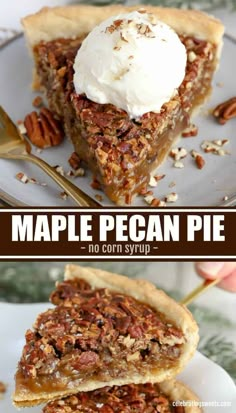 two different views of a pie with whipped cream on top and pecans in the middle