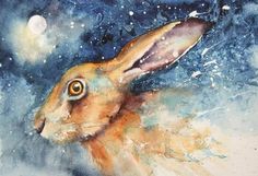 a watercolor painting of a rabbit in the night sky with stars and moon behind it