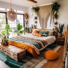 #ModernDesign #FunctionalDecor Boho Bedroom Wooden Bed, Boho Mid Century Modern Bedroom, Southwest Bedroom, Colorful Boho Bedroom, Boho Studio, Home Makeovers, Boho Bedroom Design, Boho Bedroom Ideas, Bedroom Orange