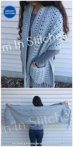 two pictures of a woman wearing a blue crocheted shawl with the words, knit