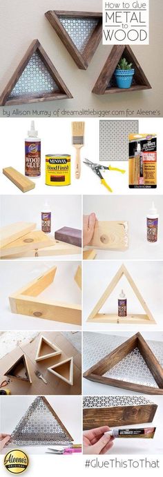 the steps to make a diy triangle shelf with paint and woodworking supplies on it