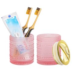 PRICES MAY VARY. [ Glass Bathroom Toothbrush Holder Set ] Bathroom toothbrush holder is made of glass,safe for drinking and tooth brushing.toothbrush storage cup with 2 slot,can store toothbrush and toothpaste together,dots design also add tastes the art of life [ Smooth Feeling and Simple Design ] Arc-shaped design for the edge of bathroom tumbler cup mouth, protecting your lips,clear surface nice looking;The bottom of toothbrush cup also anti-slip design,not easy tipped over when hold toothpas Aesthetic Toothbrush Holder, Pink Toothbrush Aesthetic, Chic Toothbrush Holder, Pink Toothbrush Holder, Bathroom Sets Bath Accessories Pink, Bath Salt Jars, Glass Bathroom Accessories, Bathroom Toothbrush Holder, Counter Organization