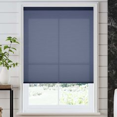 a living room with a window covered in blue blinds and a plant next to it