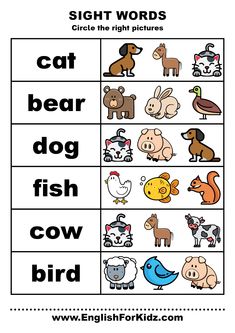 Sight words animals - printable ESL worksheets English Speaking For Kids, Printable Sight Words, Sight Word Worksheets Free, Sight Words Worksheets, Preschool Sight Words, Teach English To Kids, Animal Activities For Kids, Sight Words Printables