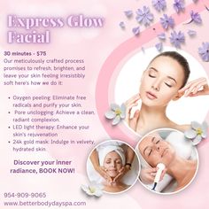 Book our express glow facial today! Book by giving us a call at 954-909-9065! #facial #spa #fortlauderdale Esthetician Tips, Esthetician Facial, Salon Advertisement, Facial Remedies, Skin Studio, Types Of Facials, Beauty Salon Posters, Beauty Therapy Room, Esthetician Room Decor