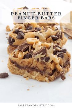 peanut butter finger bars with chocolate chips on top and text overlay that reads, peanut butter finger bars