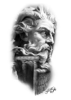 a black and white drawing of a bust of an old man