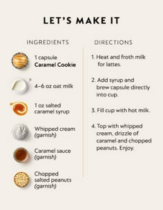 the ingredients to make caramel cookies are shown in this info sheet, including cream and sugar