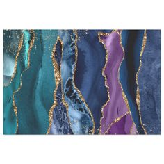 an abstract painting with blue, purple and gold colors