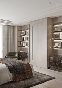 a bedroom with a bed, chair and bookcases