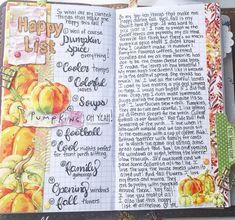 an open journal with writing on it and some papers attached to the pages that have pumpkins