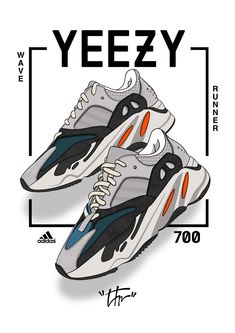 Yeezy Boost 700 Wave Runner, Sneakers Sketch, Sneakers Wallpaper, Cool Nikes, Clothing Prints, Shoes Fashion Photography, Wave Runner, Sneaker Posters, Nike Art