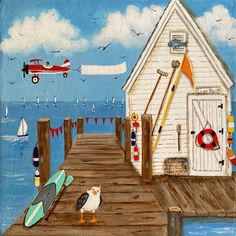 a painting of a boathouse and seagulls on a dock