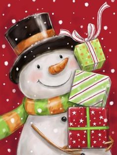 a snowman with presents in his hand