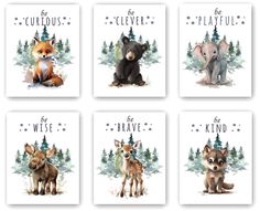 four cards with different animals and words on them