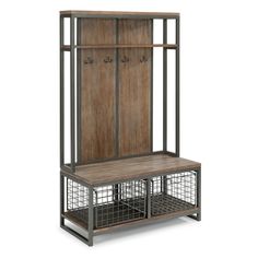 a wooden cabinet with two metal baskets underneath it