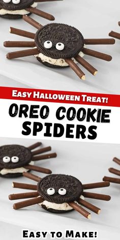 Easy Halloween Treat: Oreo Cookie Spiders! Fun Kids Halloween Treats, No Bake Halloween Treats Kids Can Make, Halloween Food Crafts For Kids Easy, Oreo Cookie Halloween Treats, Halloween Cooking Ideas For Kids, Food For Halloween Party For Kids, Spider Oreos Halloween, Preschool Halloween Party Snacks, Halloween Kids Snack Ideas