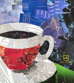 an altered photograph of a coffee cup made out of newspaper strips and torn down pages