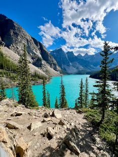 a scenic view of a mountain lake surrounded by pine trees