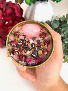 a person holding a small bowl filled with flowers and rocks next to a potted plant