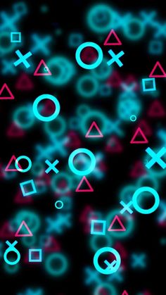 an abstract background with various symbols and shapes in blue, pink, and red colors