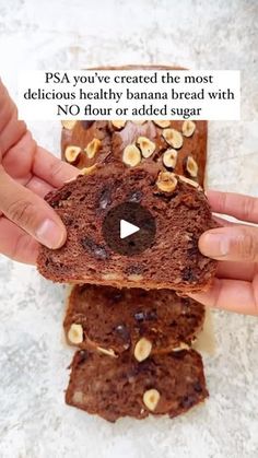 two hands holding slices of chocolate banana bread with peanut butter on top and the words psa we've created the most delicious healthy banana bread with 30 % less added sugar