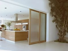 an open door leading to a kitchen and dining room with palm trees in the background