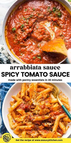 two pictures showing different types of sauces and pasta in white bowls with text overlay