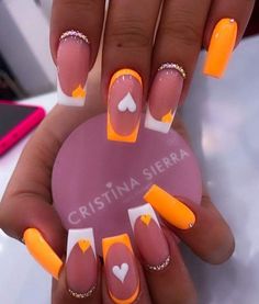 June Acrylic Nails, Neon Orange Nails With Design, Pretty Nail Art Designs Classy, Short Dope Nails, Yellow And Red Nails, Nail Ideas For June, Nails For June, Short Coffin Nail Ideas, Trendy Orange Nails