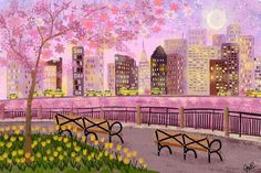 two park benches sitting next to each other in front of a pink cityscape