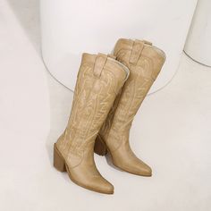 Shop Khaki Embroidered Western Cowgirl Boots Pointed Toe Block Heel Knee High Boots color Khaki for Music Festival, Night Club, Party with worldwide Free shipping & Free return. Western Beige Boots For Winter, Winter Rodeo Heeled Boots, Bohemian Mid-calf Boots For Fall, Winter Knee-high Boots For Western-themed Events, Western Style Martin Boots With Closed Toe For Fall, Western Style Closed Toe Martin Boots For Fall, Wide Calf Knee-high Boots For Western-themed Events, Winter Festival Mid-calf Boots, Brown Embroidered Winter Boots